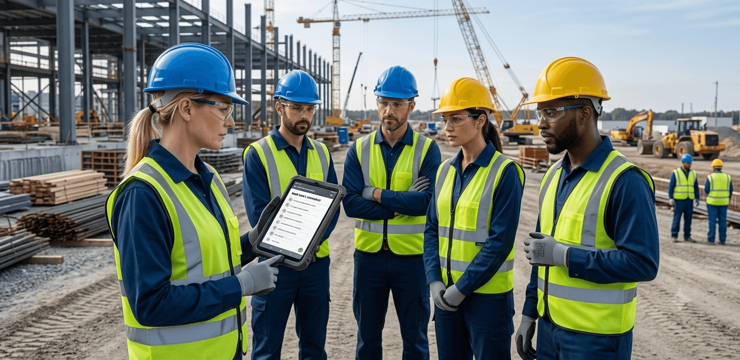 Supervisora mostrando el checklist de seguridad en tablet a su cuadrilla en obra, todos con casco y chaleco reflectante