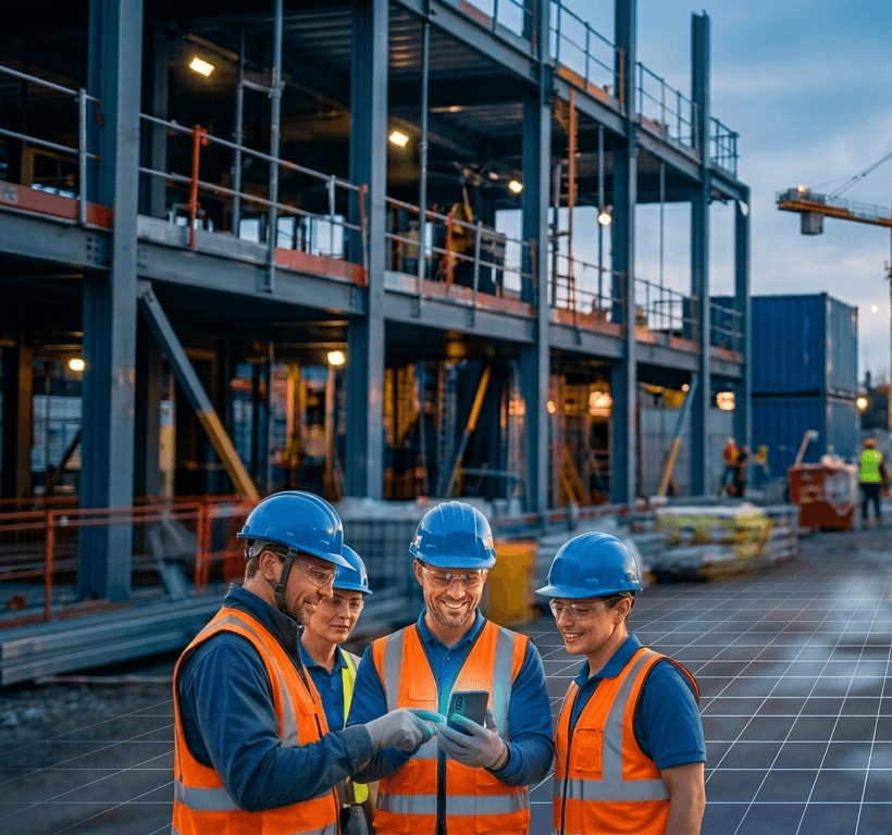 Cuadrilla de obra revisando SafeATS AI en el celular al atardecer