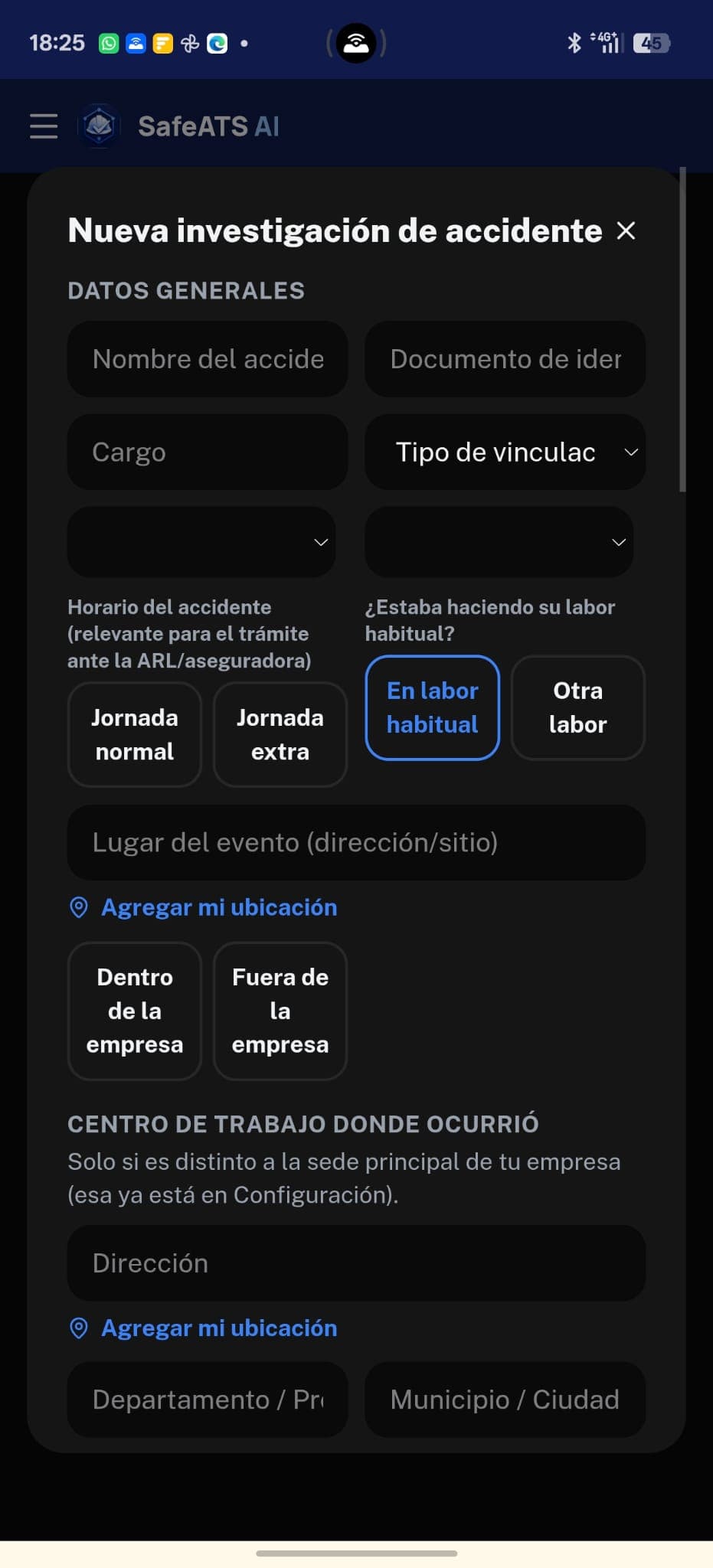 Formulario de nueva investigación de accidente en SafeATS AI