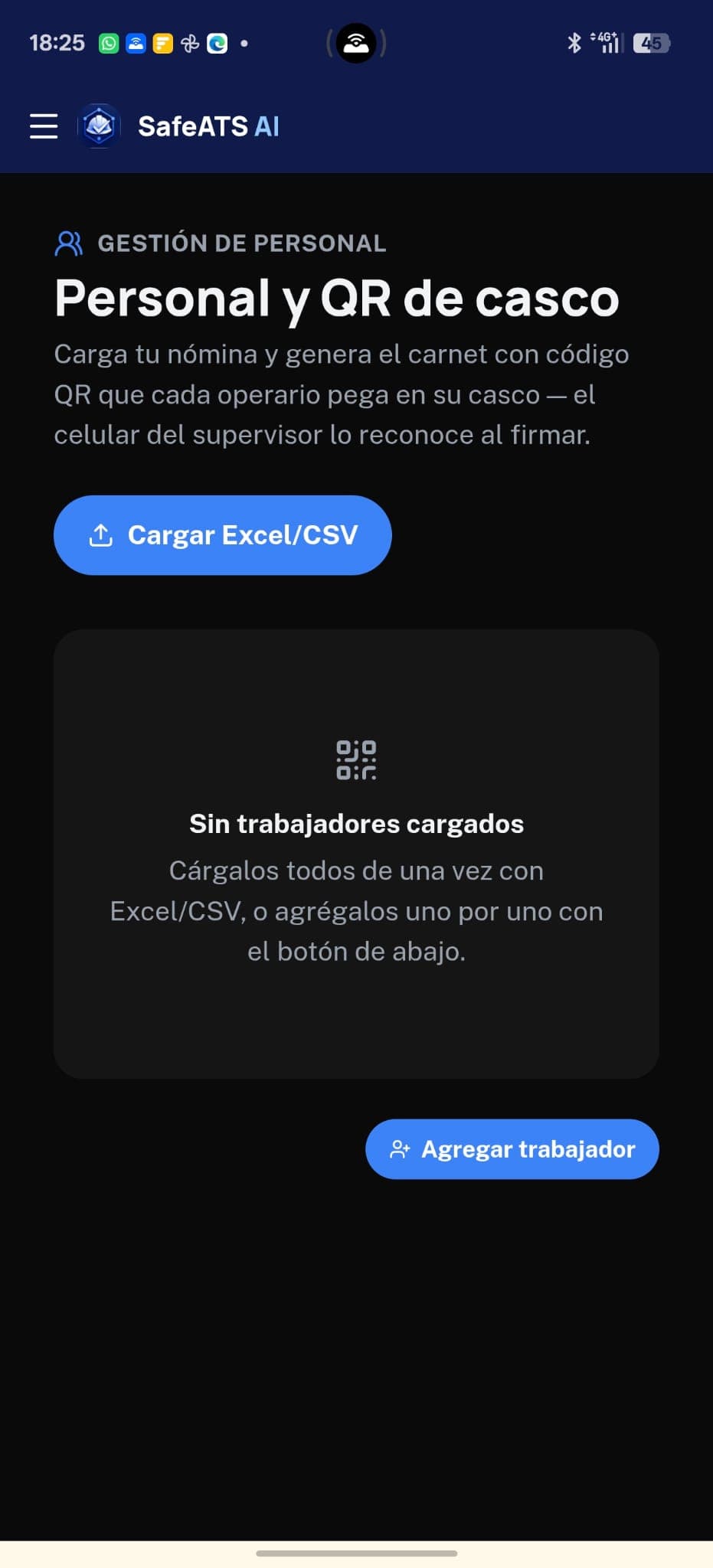 Pantalla de Personal y QR de casco en SafeATS AI