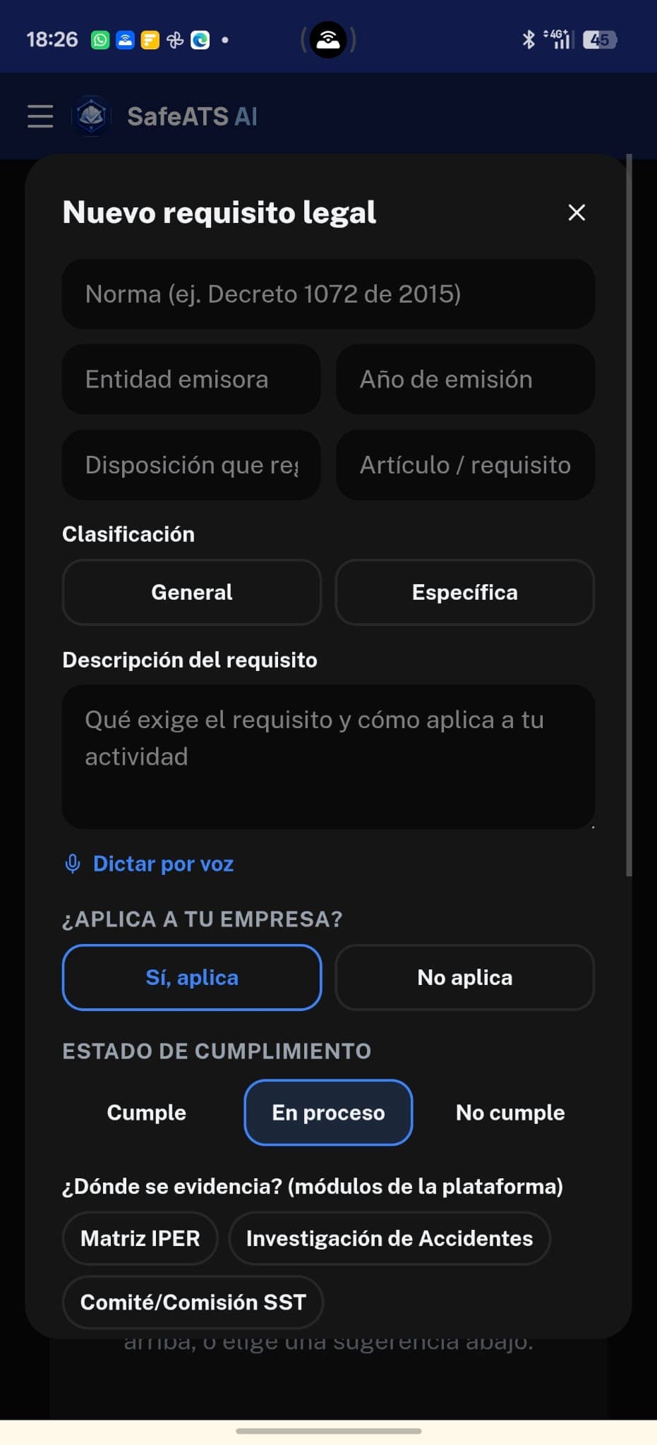 Formulario de nuevo requisito legal en SafeATS AI