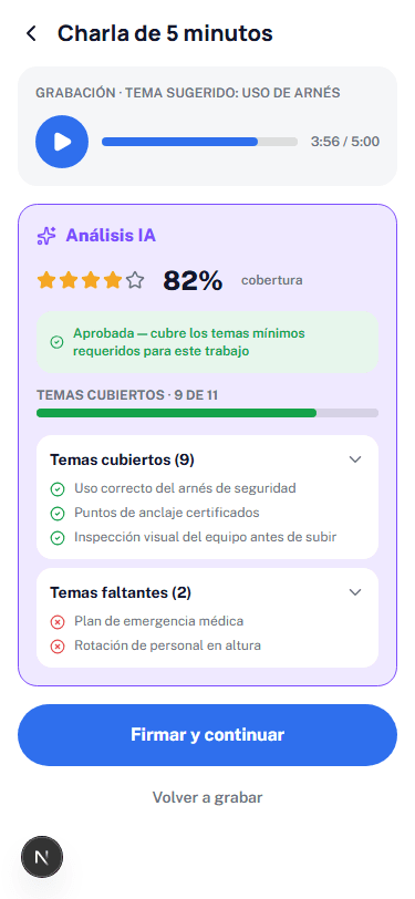 Charla de 5 minutos calificada por IA