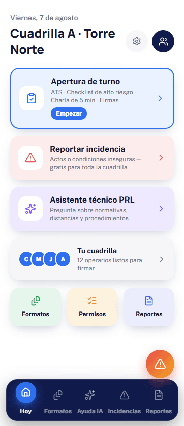 Menú principal de SafeATS AI con Apertura de turno, Reportar incidencia y Asistente técnico PRL