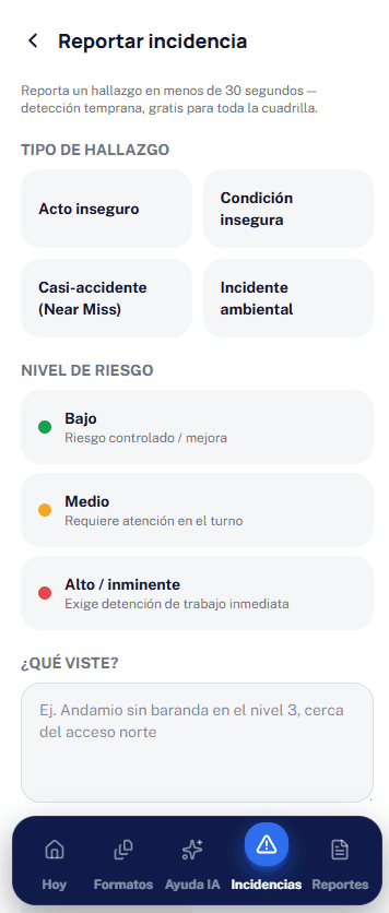 Reporte de Incidencias con tipo de hallazgo y nivel de riesgo