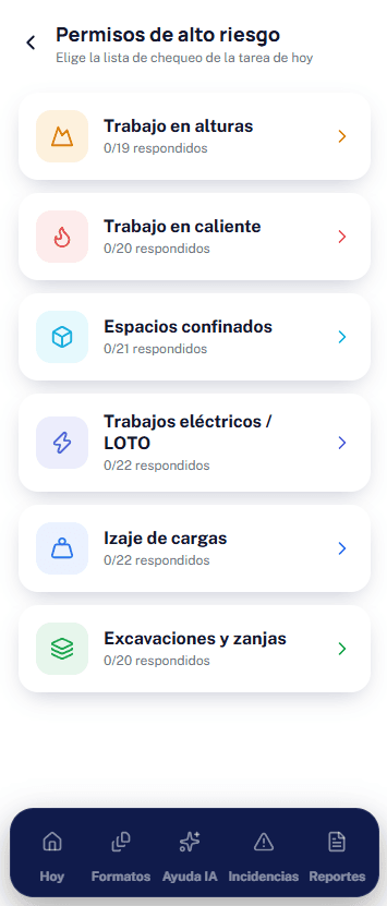 Selector de Permisos de Alto Riesgo con las 6 listas de chequeo